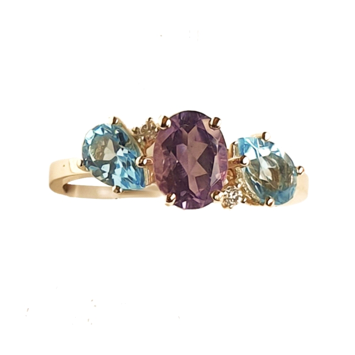 Anillo oro 18 kt topacio azul y amatista 0.03 ct diamante