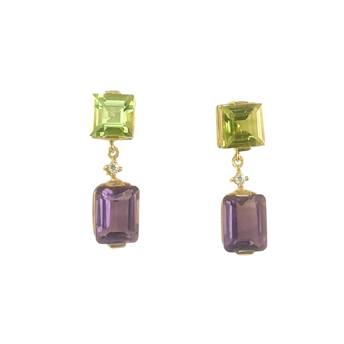 Pendientes oro 18 kt peridoto amatista, 0.03 ct diamantes Pendientes oro 18 kt peridoto amatista, 0.03 ct diamantes