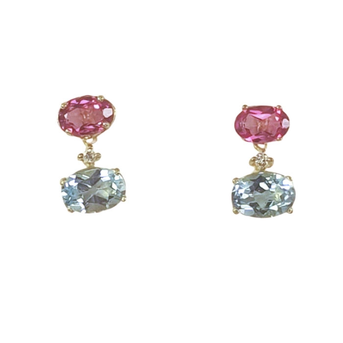 Pendientes oro 18 kt topacios rosa y azul 0.03 ct diamantes Pendientes oro 18 kt topacios rosa y azul 0.03 ct diamantes