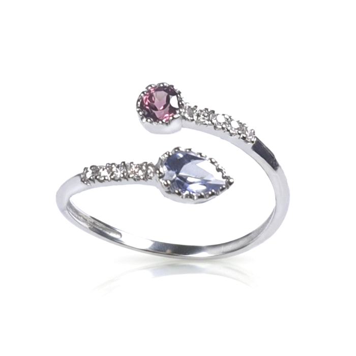 Anillo oro 18 kt diamante 0.08 ct topacio rodolita