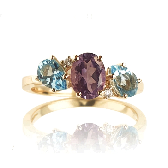 Anillo oro 18 kt topacio azul y amatista 0.03 ct diamante