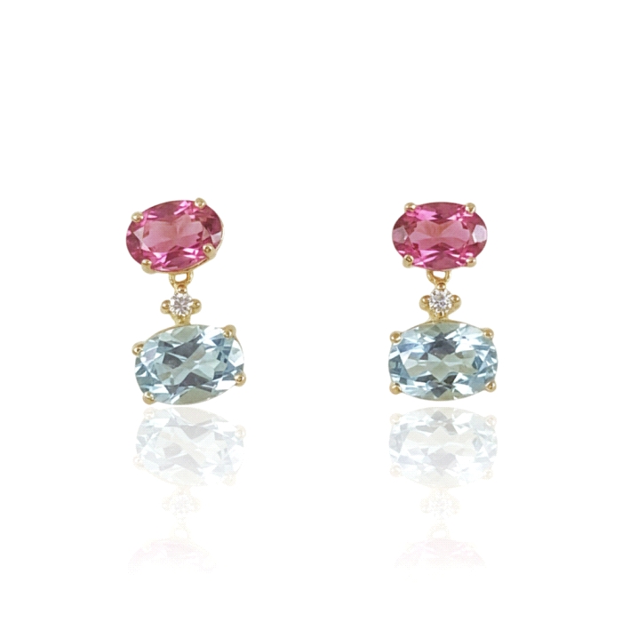 Pendientes oro 18 kt topacios rosa y azul 0.03 ct diamantes