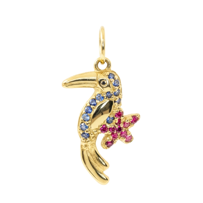 Colgante tucan oro 18 kt zafiro rubi