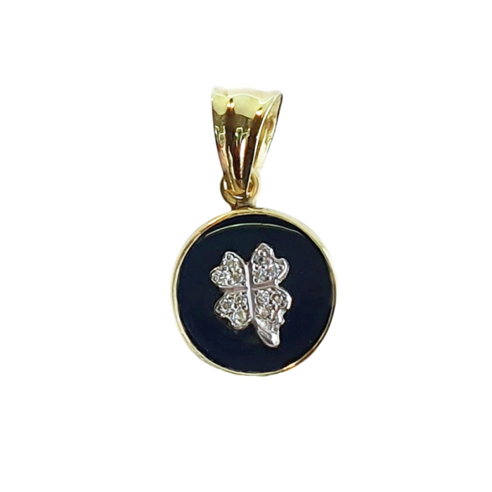 Colgante onix trebol oro 18 kt 0.06 ct diamantes