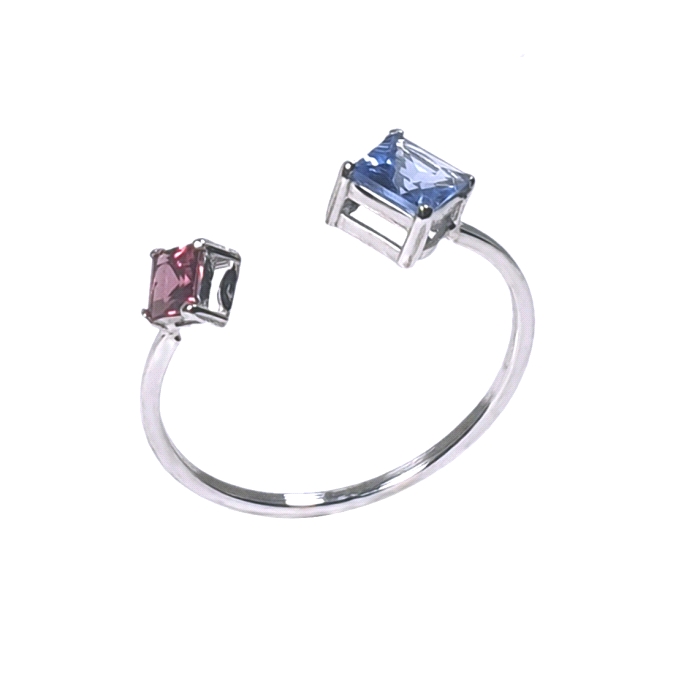 Anillo abierto oro 18 kt topacio azul y rodolita